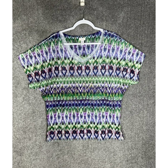 Chicos Short Sleeve Top Womens Size XL Geometric Embellished V-Neck Purple Green - Picture 1 of 8